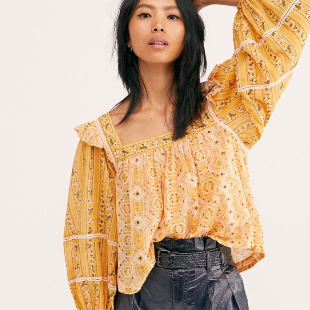 Free people blouse yellow mustard sheer xs square neck